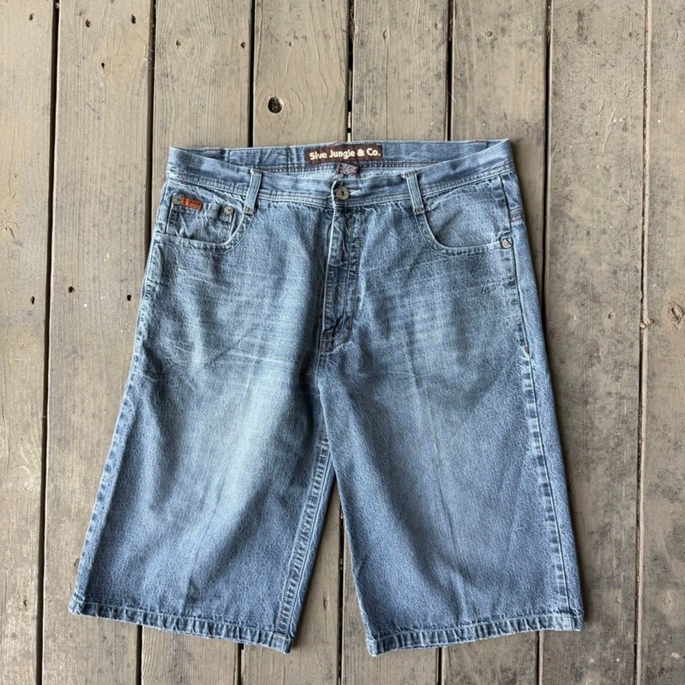 5ive Jungle & Co Mens Baggy Denim Shorts Blue Y2K Embroidered Size 40